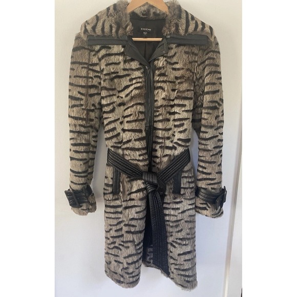 bebe Jackets & Blazers - BEBE Vintage Y2K Genuine Rabbit Fur & Leather Tiger Print Trench Coat Jacket S